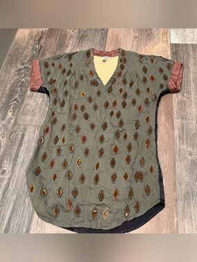 BL^NK LONDON Anthropologie Tunic Bohemian Size S Olive Blouse Velvet & Beads
